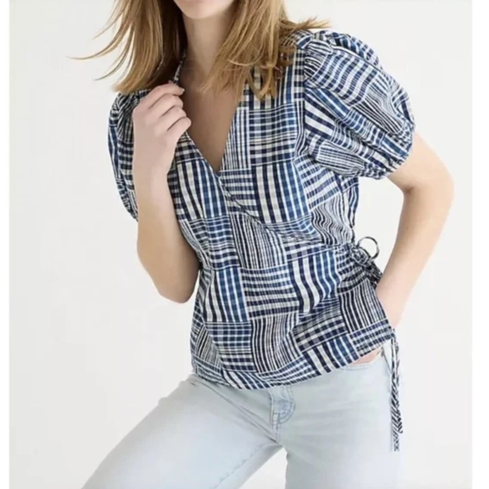 J. Crew Puff Sleeve Wrap Top In indigo Patchwork Size Small NWTS - Picture 7 of 7